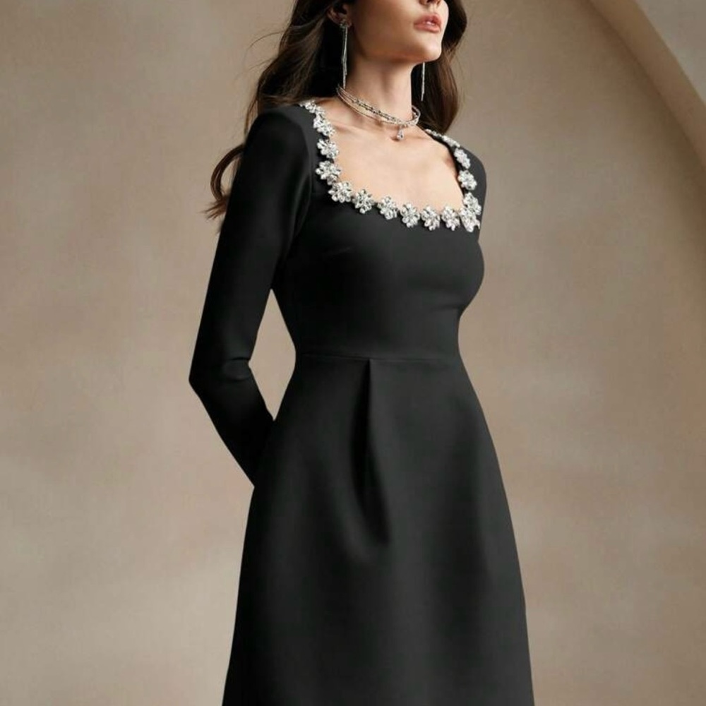 Elegant Black Long Sleeve Dress with Floral Accents
